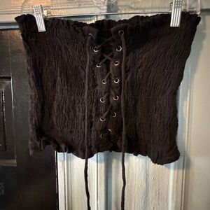 Free People Black Lace-Up Smocked Crop Top